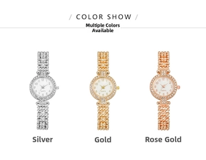 Detailed comparison of crystal bezel quartz watches in silver, gold, and rose gold