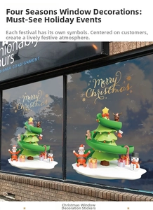 Detail of Christmas window stickers featuring Santa, snowman and Merry Christmas art
