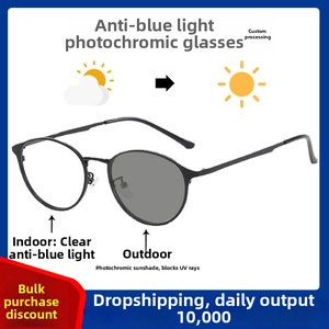 Macro view of black metal frame eyeglasses showing anti-blue light and photochromic lenses