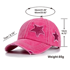 Rose red distressed washed cotton baseball cap with star patch and size dimensions