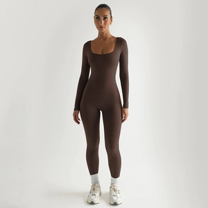 Close-up of brown bodycon jumpsuit featuring long sleeves and deep U-neckline detail