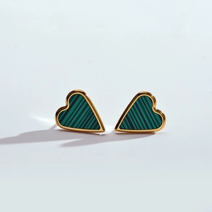 Elegant heart-shaped gold studs with green and black striped malachite style inlay