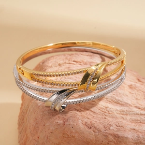 18k gold plated double layer crossover bangle set with sparkling cubic zirconia accents