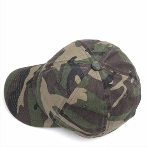 Detail of woodland camouflage baseball cap with durable cotton twill and reinforced brim