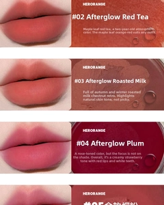 Lip mud series showing matte texture in maple red, chestnut, plum, and smoky pink shades