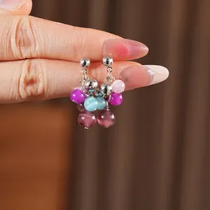 Colorful cat-eye stone beaded tassel earrings in silver cluster bohemian design