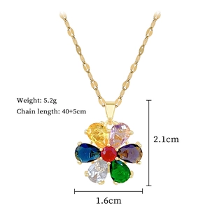 Detailed size chart showing flower pendant dimensions and gold chain length specifications