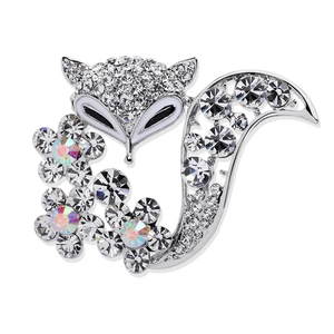 Sparkling silver fox brooch with crystal floral accents and colorful rhinestones