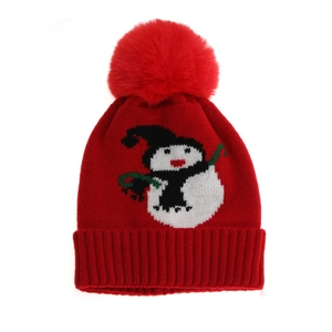 Red knit children's winter hat featuring a fluffy pompom and cute snowman embroidery