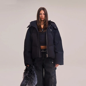 Oversized black hooded down jacket with waterproof fabric for streetwear winter style
