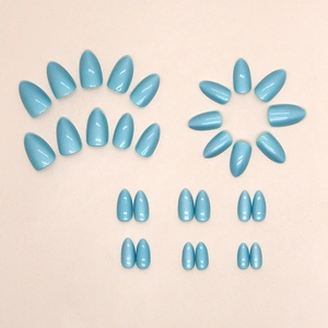 Minimalist pearlescent blue almond press-on nails with shimmering aurora finish