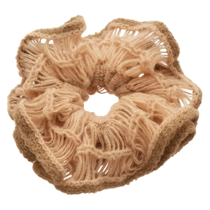 Knitted double layer flower scrunchie in beige with elegant hollow mesh texture
