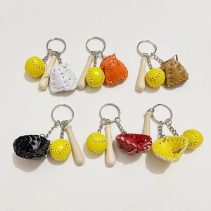 Detailed set of 3-piece baseball keychains with leather gloves and wooden bats
