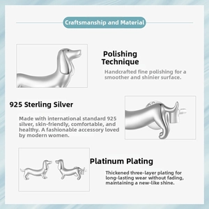 Macro detail of 925 sterling silver dachshund stud earrings with triple platinum plating