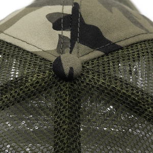 Macro view of canvas camouflage baseball cap top button and mesh panel stitching