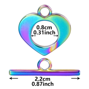 Rainbow stainless steel heart OT toggle clasp set with detailed size measurements