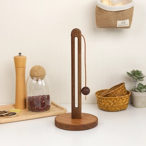 Vertical acacia wood kitchen paper towel holder with round base and elegant leather strap