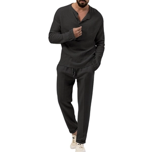 Men's dark gray long sleeve lounge set with waffle texture and henley collar design