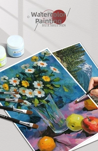 Dettaglio di pennelli artistici con flaconi di colore e dipinti floreali a guazzo