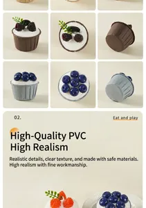 Detailed close-up of realistic PVC artificial cupcakes with fruit toppings and cream texture