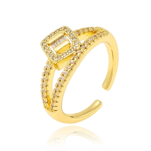 Luxurious gold-plated adjustable ring featuring a square halo cubic zirconia center