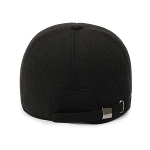 Rear view of black wool baseball cap with adjustable metal buckle and ear protection