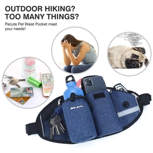 Blue dog walking waist bag with water bottle holder and compartments for outdoor hiking