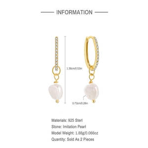 Macro detail of sterling silver pearl drop earrings with 925 material and size specs