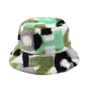 Faux fur bucket hat with geometric color block patterns for winter outdoor warmth
