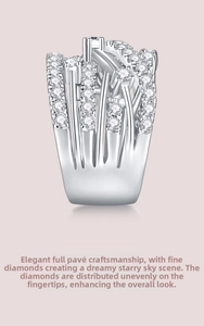 Detailed close-up showing the pavé setting and intricate silver geometric lattice ring