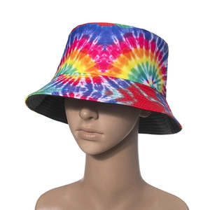 Vibrant rainbow tie-dye bucket hat shown on a display head with colorful patterns