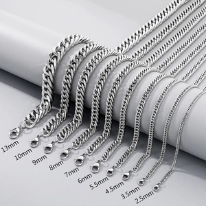 Polished stainless steel Cuban link chains in multiple widths from 2.5mm to 13mm