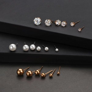 Rose gold stainless steel stud earring set with CZ, pearls and balls in multiple sizes