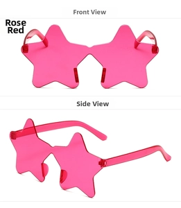 Front and side view of star-shaped rimless sunglasses in vibrant rose red color