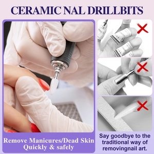 Detail of white ceramic nail drill bit for professional manicure and removal