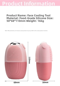Pink silicone face ice roller specs showing 50x68x110mm size and massage texture