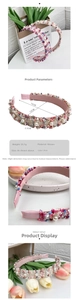 Detailed view of pink woven headband with white pearls and 2.5cm width dimensions
