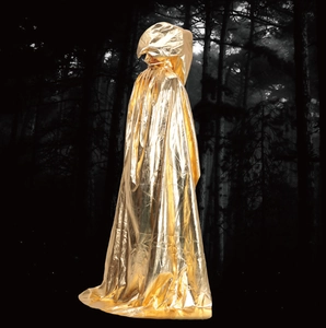 Detail of hooded cloak in reflective gold metallic fabric for Halloween costumes