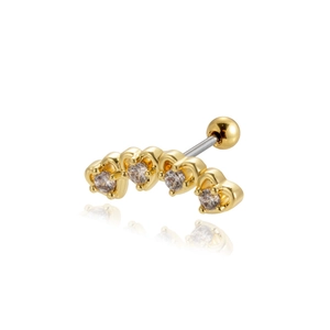 Golden stainless steel stud earring with four heart-shaped zircons and curved bar design