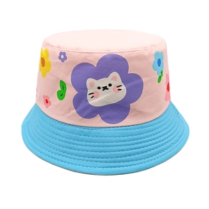 Close-up of color-block kids bucket hat featuring a cute cat and floral embroidery