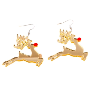 Golden reindeer earrings with red nose detail for Christmas, glossy acrylic festive drops
