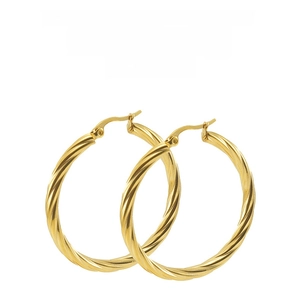 Detailed view of 18K gold stainless steel hoop earrings with twisted spiral texture design