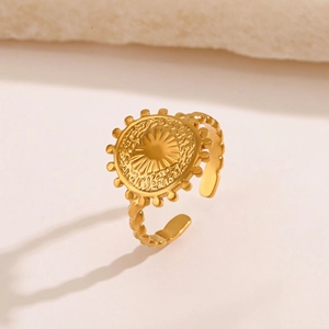 18K gold plated stainless steel sunburst ring with beaded band and adjustable opening