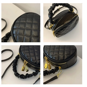 Detailed views of black quilted crossbody bag with gold zippers and scrunchie handle