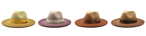 Detailed view of wide brim wool jazz hats in four gradient autumn color combinations