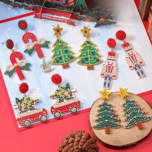 Christmas Tree Nutcracker Candy Cane Bow Drop Earrings Alloy Rhinestone Bead Colorful Holiday Jewelry For Women Fashion
