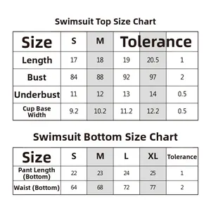 Detailed size chart for women's bikini set including top and bottom measurements