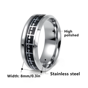 Polished 8mm stainless steel ring for men featuring an engraved silver cross on black band