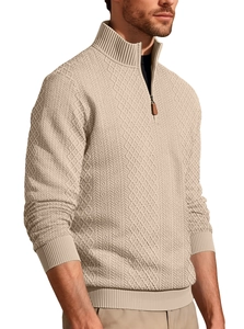 Detailed view of the diamond geometric texture and zip-up collar on the beige men's sweater