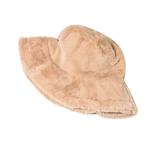 Close-up of light coffee faux fur bucket hat showing soft plush texture for winter warmth